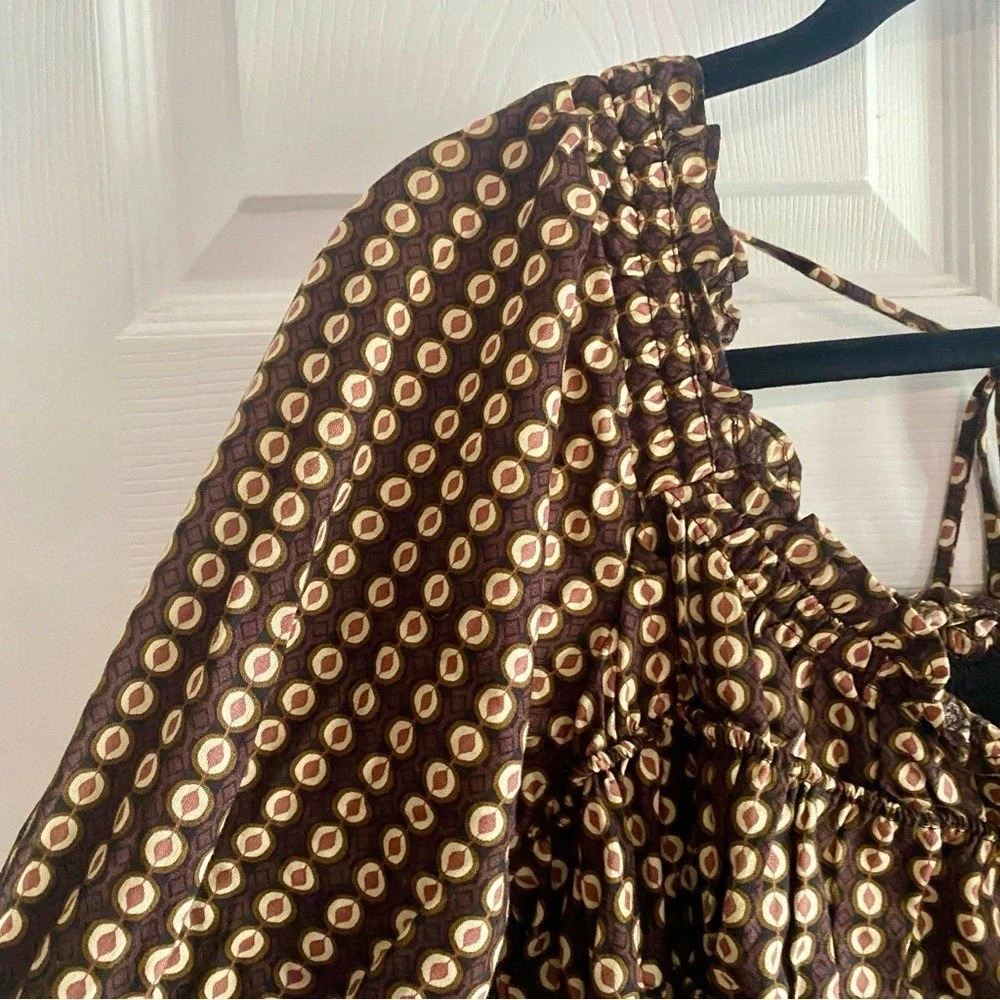 Free People Brown Geometric Print Smocked Sleeve Mini Dress Square‎ Neck SMALL
